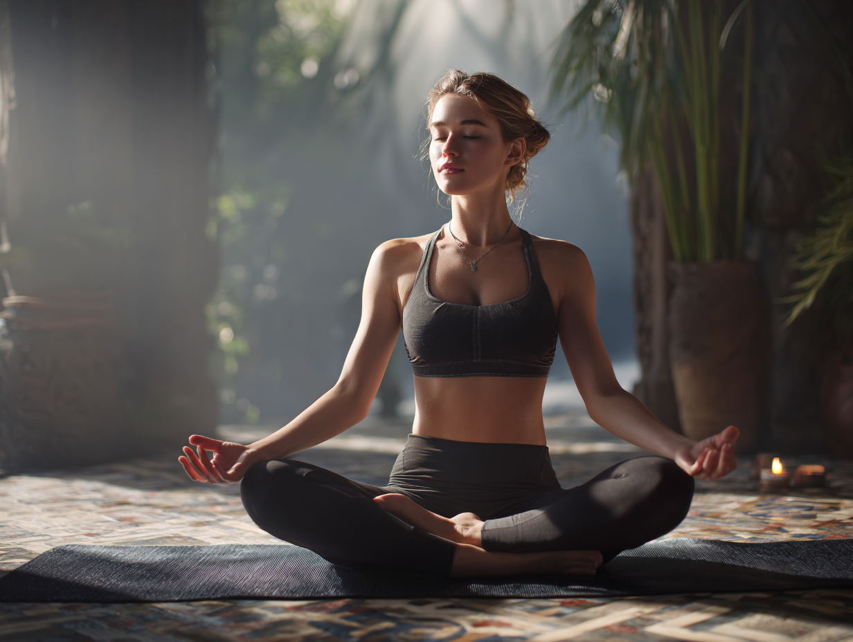 Жінка виконує позу йоги на килимку